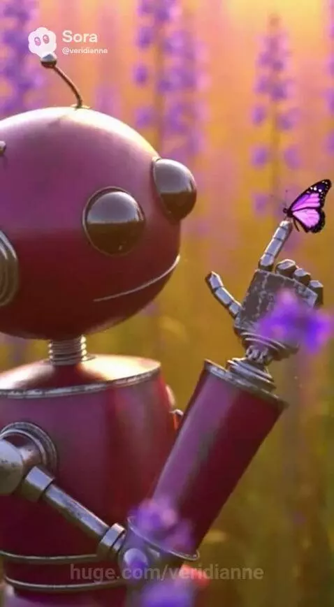 A maroon robot with large eyes stands in a field of purple flowers, with glowing blue butterflies fluttering around its hand.