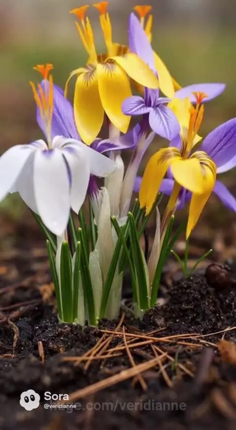 Close-up of white, yellow, and purple crocus flowers in various stages of blooming, emerging from dark soil.