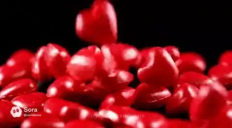 Numerous small, shiny red heart-shaped cinnamon candies falling and accumulating on a dark surface.