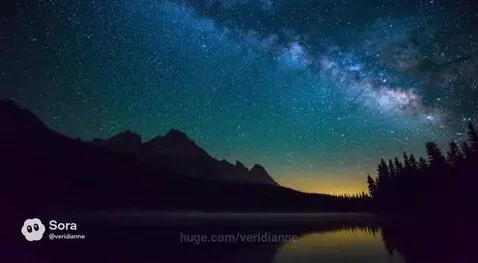 A vast night sky filled with stars and the Milky Way, with silhouetted mountains and a lake reflecting the celestial view.