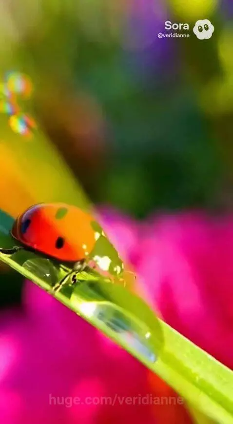 Macro view of a red ladybug with black spots on a green leaf, opening its wings.
