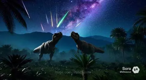 Two T-Rex dinosaurs in a tropical jungle at night, with a vibrant starry sky and meteors above.