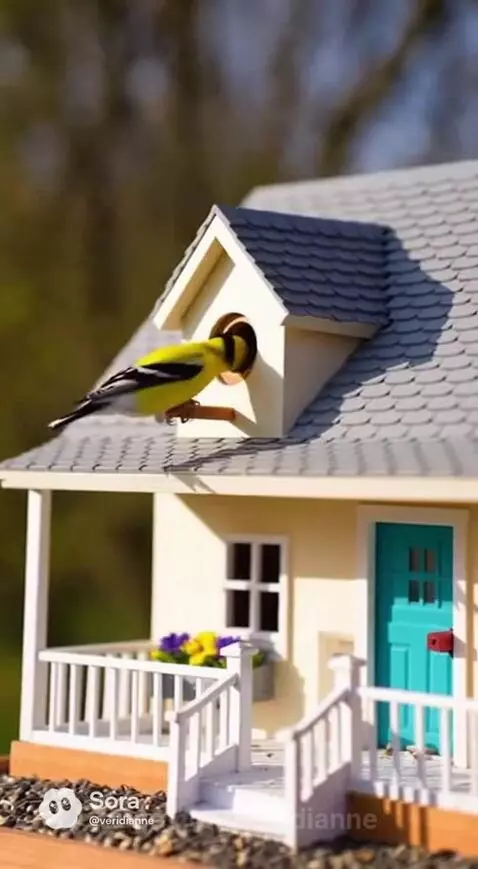 Miniature birdhouse with a feeder, attracting various birds and a squirrel in a lush green outdoor setting.
