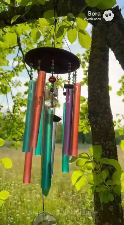 Close-up of colorful wind chimes with teal, orange, purple, and silver tubes hanging from a tree branch, swaying in the breeze.