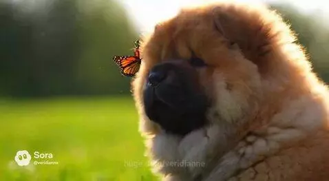 Several fluffy Chow Chow puppies playing happily in a green field under a blue sky.