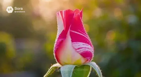 Close-up of a pink and white striped rose bud covered in dew drops, slowly unfurling its petals.