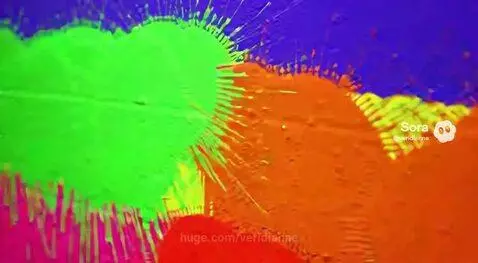 Abstract art created by neon paint splattering and dripping in vibrant colors on a textured wall under blacklight.