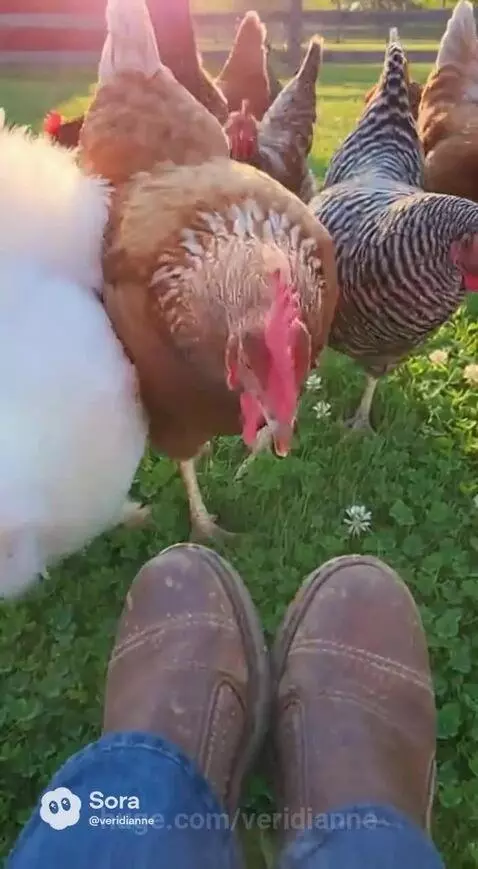 Person's hand offering treats to a flock of chickens in a grassy field with a red barn.