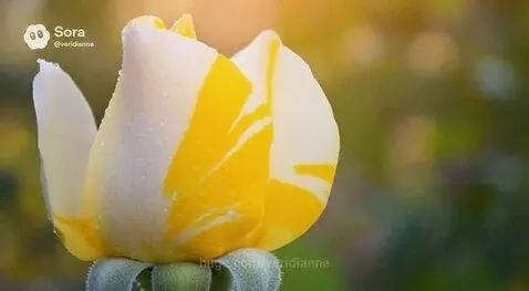 Close-up of a yellow and white rosebud with water droplets slowly opening its petals, soft green and yellow background.