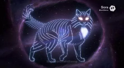 Animated glowing cat made of stars walking in a dark cosmic background with purple nebulae.