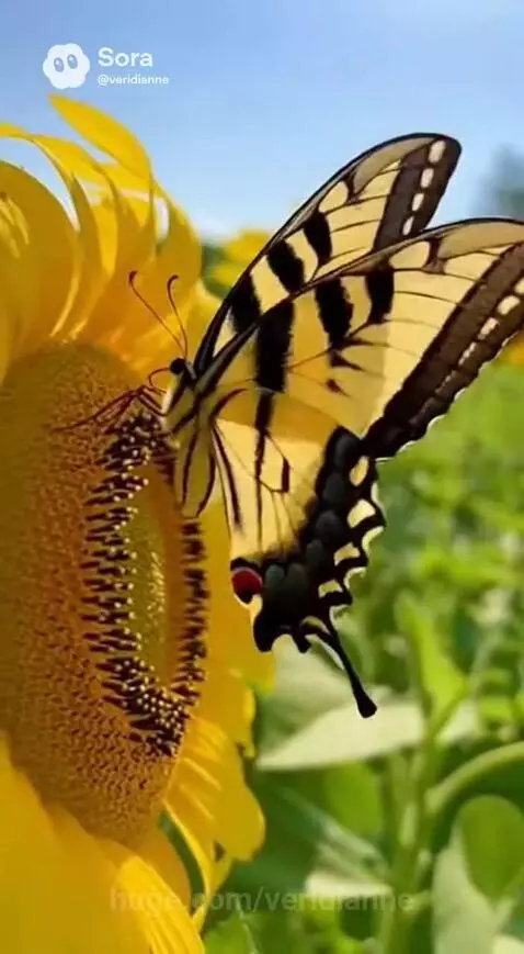 Yellow and black butterfly perched on a bright yellow sunflower, with a field of sunflowers in the background.