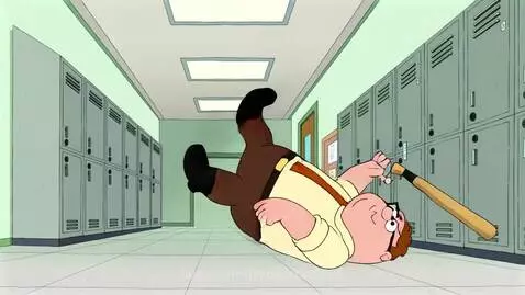 Peter Griffin in a yellow shirt and brown tie falls backward on a school hallway floor, dropping a baseball bat.