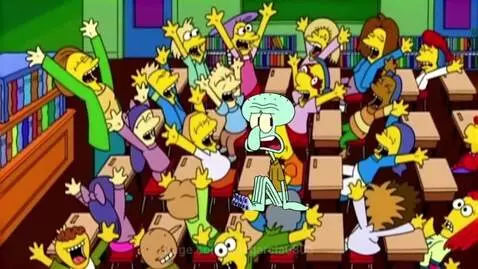 The Simpsons classroom scene with Squidward looking confused and students reacting with shock to his math answer.