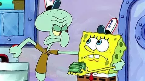 Angry Squidward holding Spongebob, who is distressed and holding money. Both are yelling.