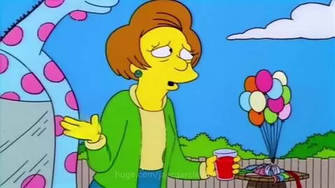 Edna Krabappel from The Simpsons with a red cup, looking sad, with a blue inflatable and balloons.