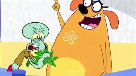 Animated Ruff Ruffman looking angry at Squidward, who is holding green leaves and looks distressed.