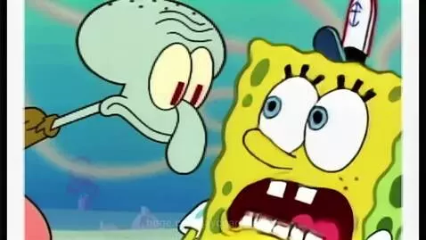 Spongebob Squarepants yelling angrily at Squidward Tentacles, who looks shocked.