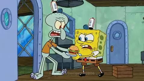 Spongebob and Squidward arguing aggressively in the Krusty Krab kitchen over a Krabby Patty.