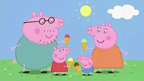 Peppa Pig, Mummy Pig, Daddy Pig, and George stand in a green field holding ice cream cones.