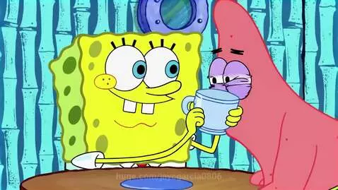 Spongebob smiling holding a cup, Patrick looks disgusted as he leans towards it.