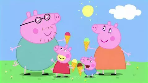 Peppa Pig family running away from a large brown dog in a grassy field.