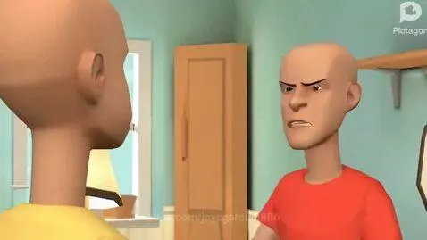 Two cartoon characters in a room. One in yellow is sad, the other in red scolds him for breaking a vase.