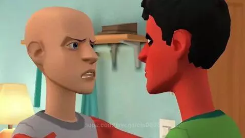 Two animated characters arguing, one red-skinned and angry, the other bald and distressed, over a wrecked drone.