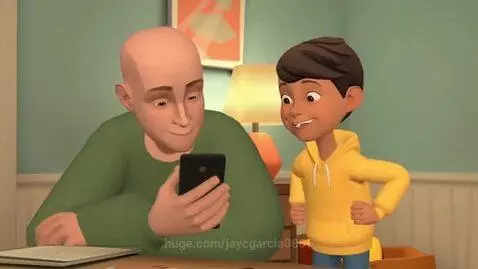 Cartoon man and boy ordering 18 pizzas, including pineapple, with an angry character and falling pizza boxes.