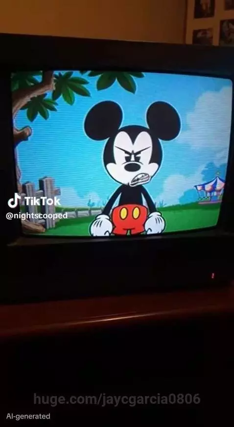 Angry Mickey Mouse-like character on an old CRT television screen, with a cartoon landscape in the background.