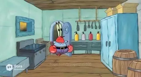 SpongeBob SquarePants in his pineapple house, with Krabby Patties and a chaotic explosion in the background.