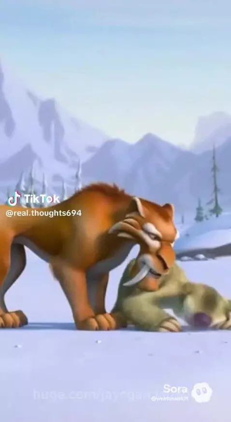 Animated saber-toothed tiger Diego pounces on a distressed sloth Sid in a snowy mountain landscape.