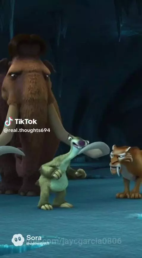 Manny the mammoth, Sid the sloth, and Diego the saber-toothed tiger arguing in an icy cave.