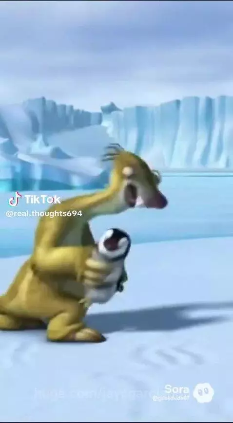 Sid the sloth from Ice Age smiling as he throws a baby penguin into the water.