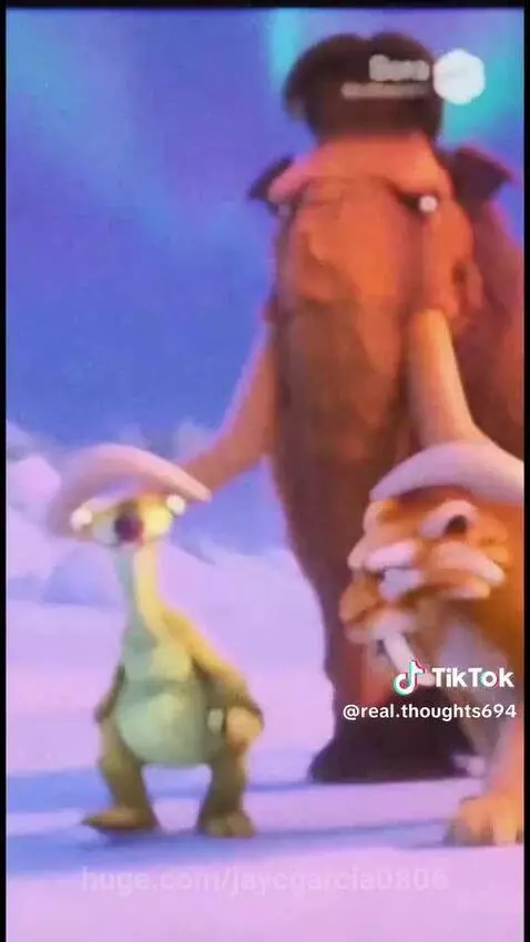 Animated characters Sid the sloth, Manny the mammoth, and Diego the saber-toothed tiger in a snowy, icy landscape.