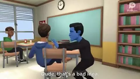Blue-skinned animated character pushing a red-skinned character in a classroom, followed by a police officer.