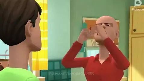 Two animated male characters arguing, one bald and angry, in a living room setting.