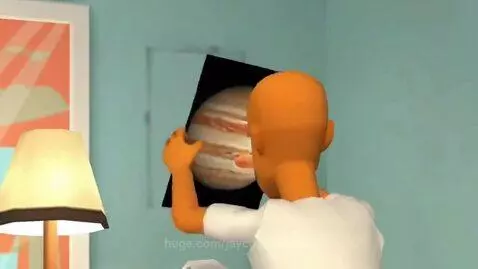 Two animated male characters in a room. One with dark hair and blue shirt is angry, confronting a bald, orange-skinned character.