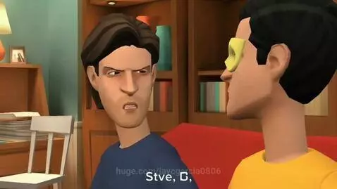 Two animated characters in a living room arguing, one angry, the other wearing goggles.