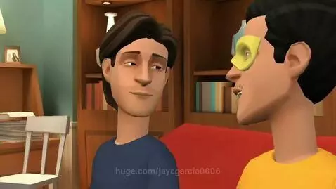 Two animated male characters discussing a trip to Wyoming and a movie night with a grizzly bear.