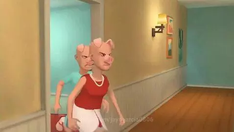 Two pig-like characters arguing in a Christmas-decorated house, one in a blue shirt confronting one in a red shirt.