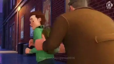 Animated older man in a brown coat confronts a younger man with a backpack on a city street at night.