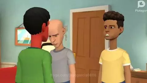 Red-skinned character scolding a bald character for setting off a fire alarm in a Plotagon animation.
