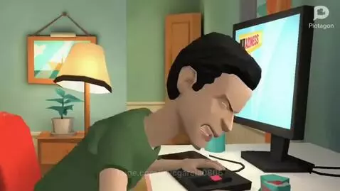 Cartoon man in green shirt yelling at a computer screen displaying 'LAZINESS', which then cracks. Another man is arrested by police.