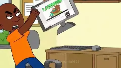 Animated bald man in orange shirt smashing a keyboard in anger, then police arresting a person in a purple hoodie.
