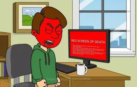 Cartoon man with red angry face smashing a computer monitor after seeing a 'screen of death'.