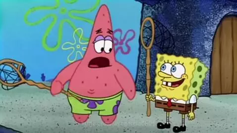 Spongebob smiling while Patrick looks sad, holding nets outdoors.