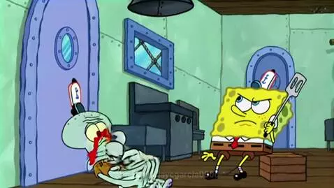 Spongebob Squarepants in Krusty Krab hat and spatula, standing over a fallen Squidward covered in red liquid.