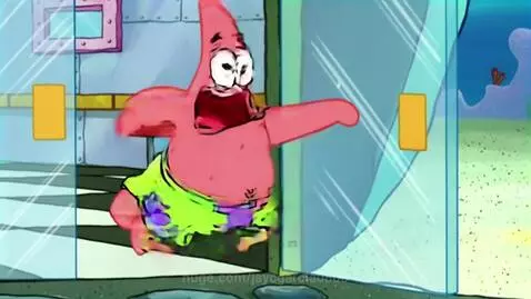 Patrick Star from Spongebob Squarepants wearing swim trunks, with a shocked and distressed facial expression.