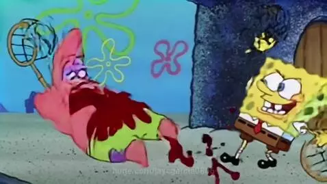 Spongebob holding a gun over a fallen Patrick, who is bleeding.