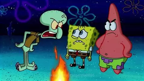 Spongebob, Squidward, and Patrick crying and arguing around a campfire at night.